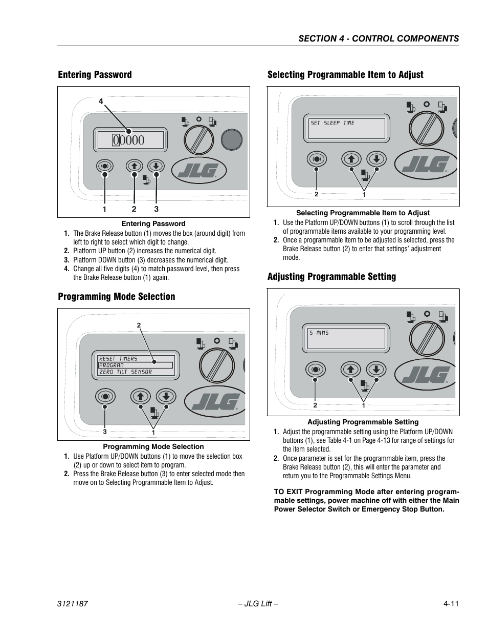 Entering password, Programming mode selection, Selecting programmable item to adjust | Adjusting programmable setting | JLG SSV10 Service Manual User Manual | Page 65 / 136