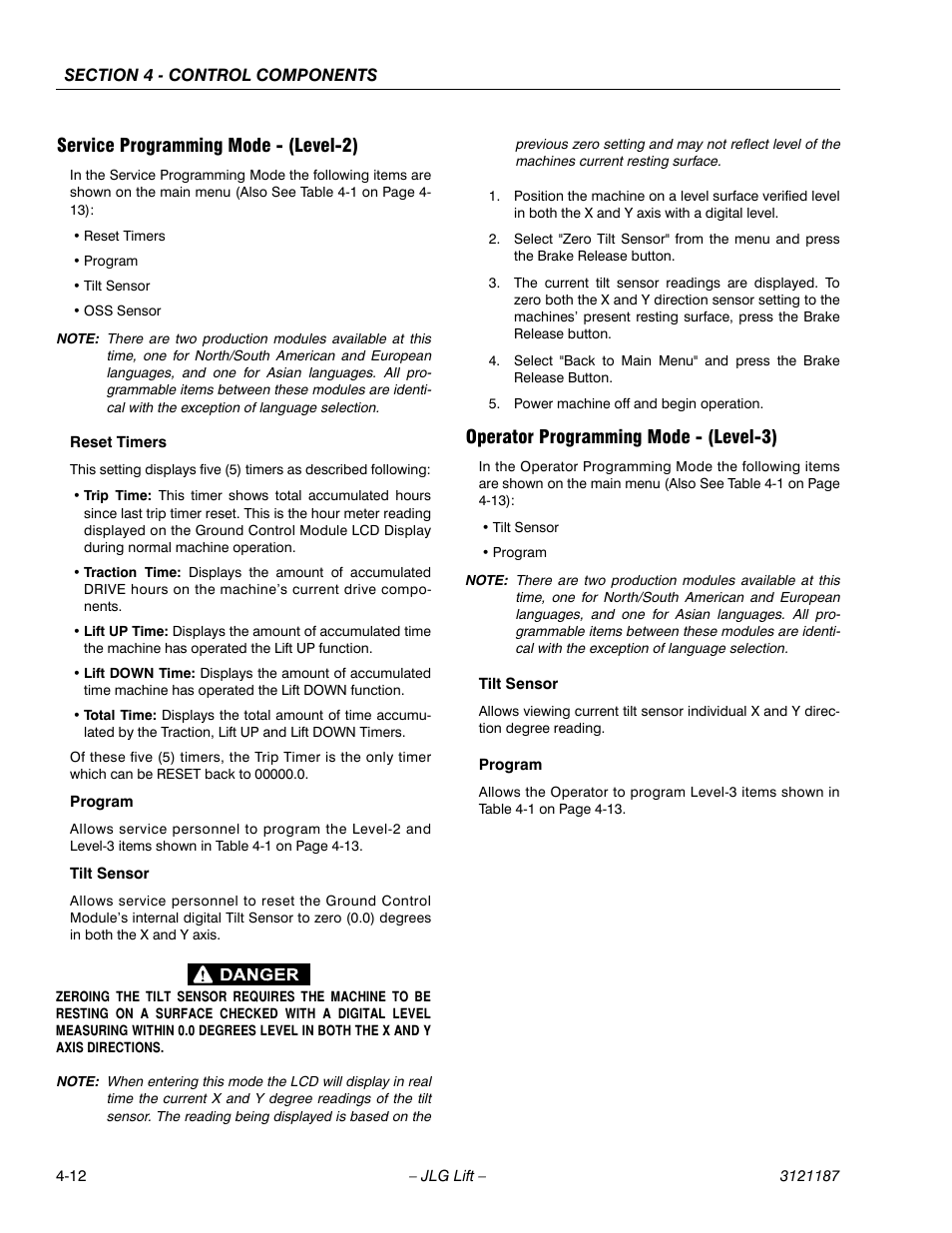 Service programming mode - (level-2), Operator programming mode - (level-3) | JLG SSV10 Service Manual User Manual | Page 66 / 136