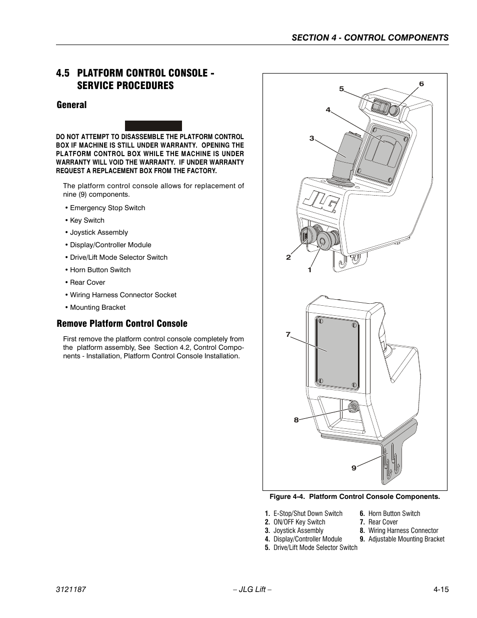 5 platform control console - service procedures, General, Remove platform control console | General -15 remove platform control console -15, Platform control console components -15 | JLG SSV10 Service Manual User Manual | Page 69 / 136