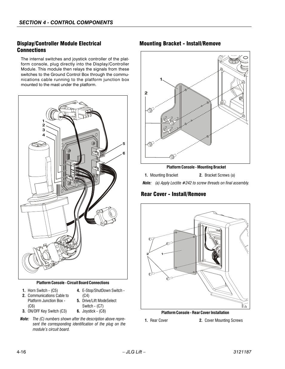 Display/controller module electrical connections, Mounting bracket - install/remove, Rear cover - install/remove | JLG SSV10 Service Manual User Manual | Page 70 / 136