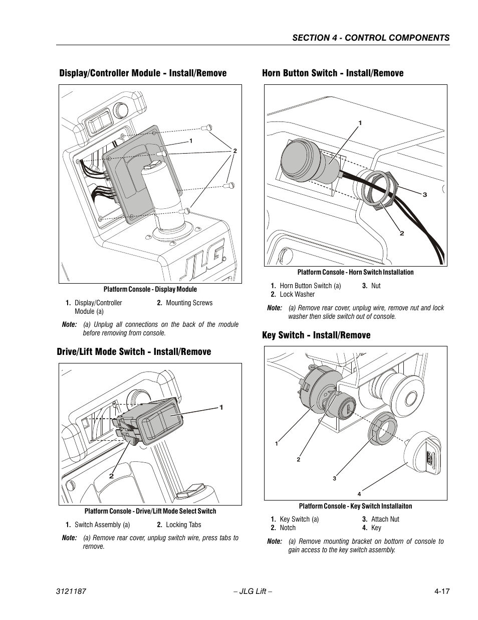 Display/controller module - install/remove, Drive/lift mode switch - install/remove, Horn button switch - install/remove | Key switch - install/remove | JLG SSV10 Service Manual User Manual | Page 71 / 136