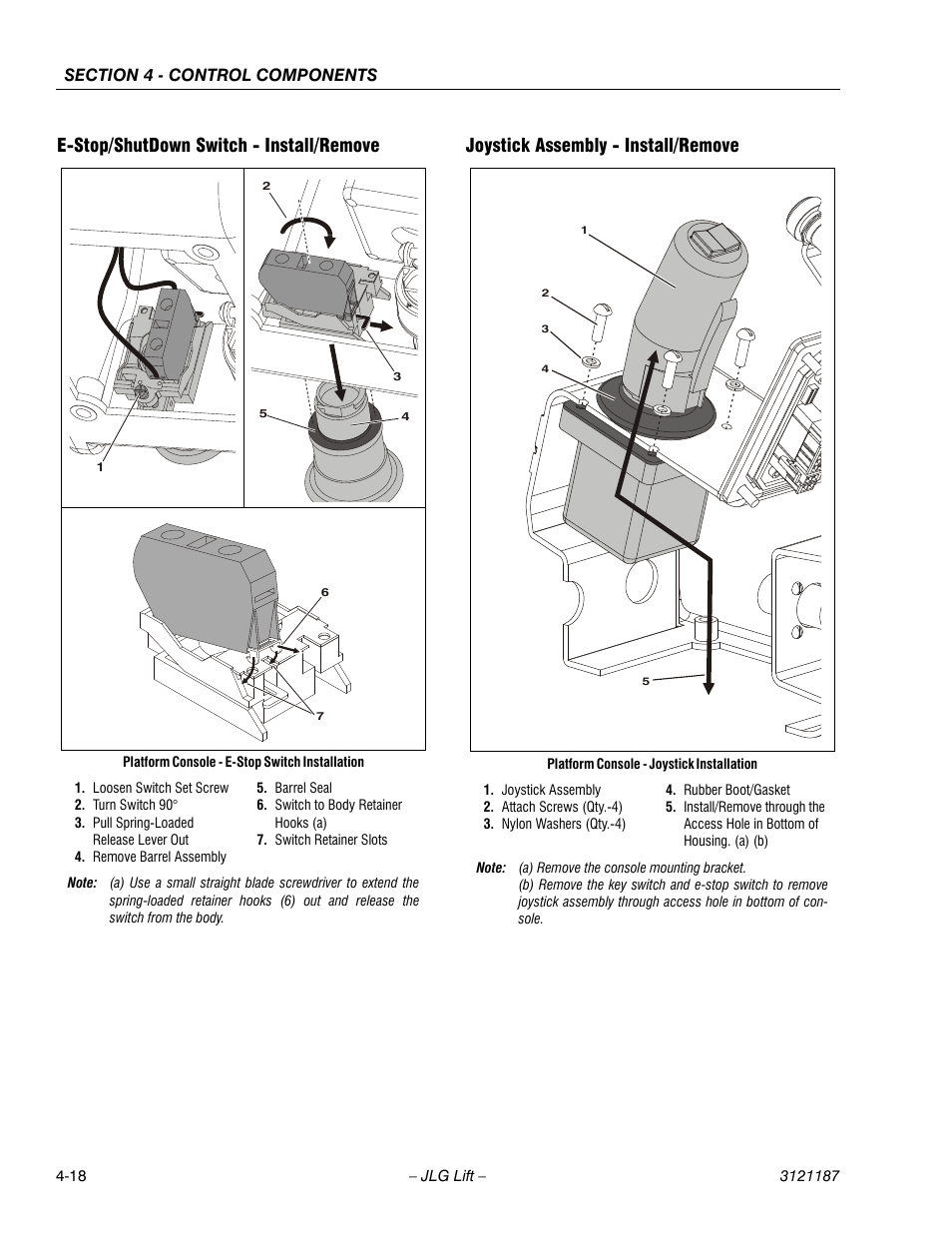 E-stop/shutdown switch - install/remove, Joystick assembly - install/remove | JLG SSV10 Service Manual User Manual | Page 72 / 136