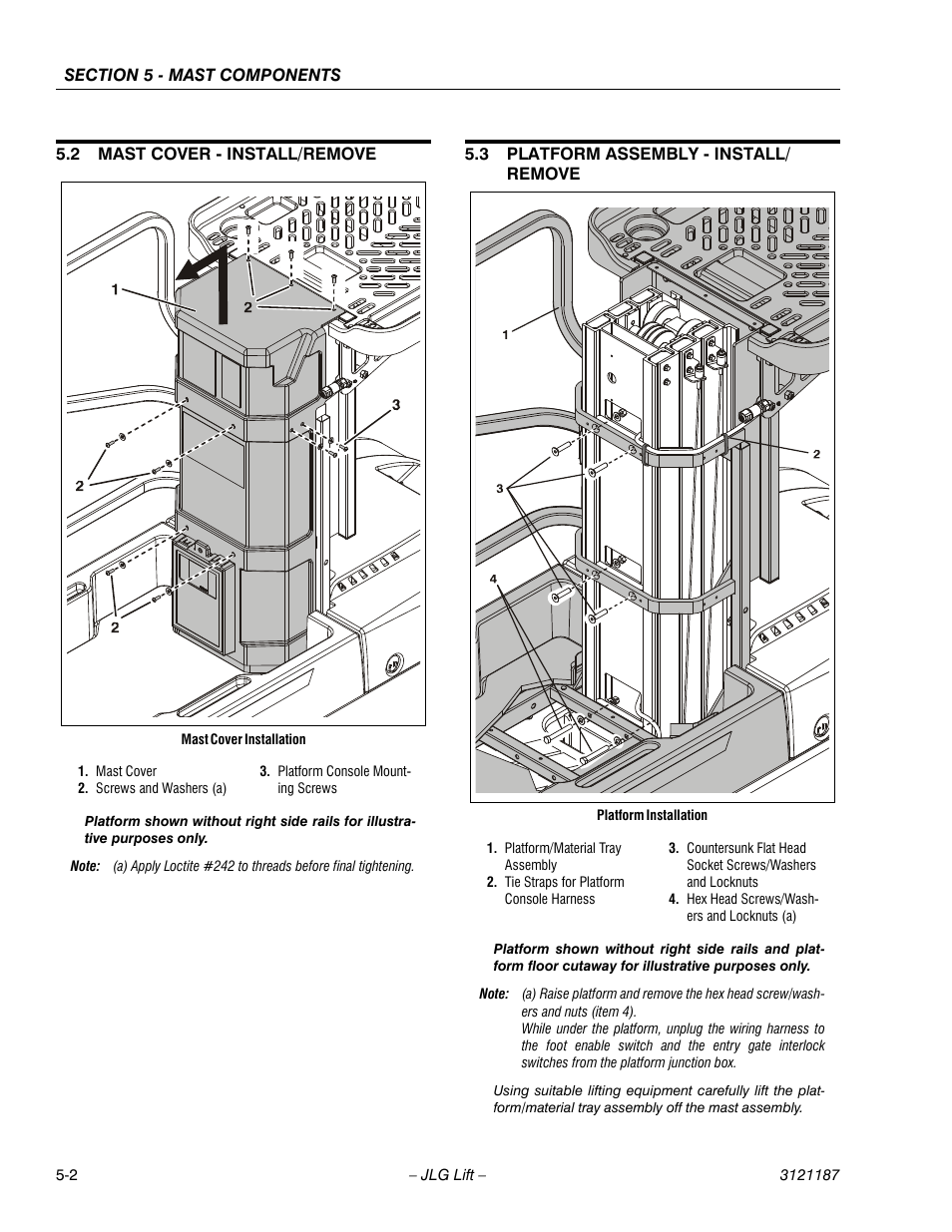 2 mast cover - install/remove, 3 platform assembly - install/ remove | JLG SSV10 Service Manual User Manual | Page 74 / 136