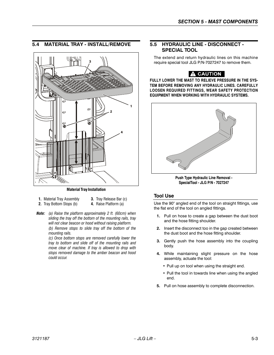 4 material tray - install/remove, 5 hydraulic line - disconnect - special tool, Tool use | Tool use -3 | JLG SSV10 Service Manual User Manual | Page 75 / 136