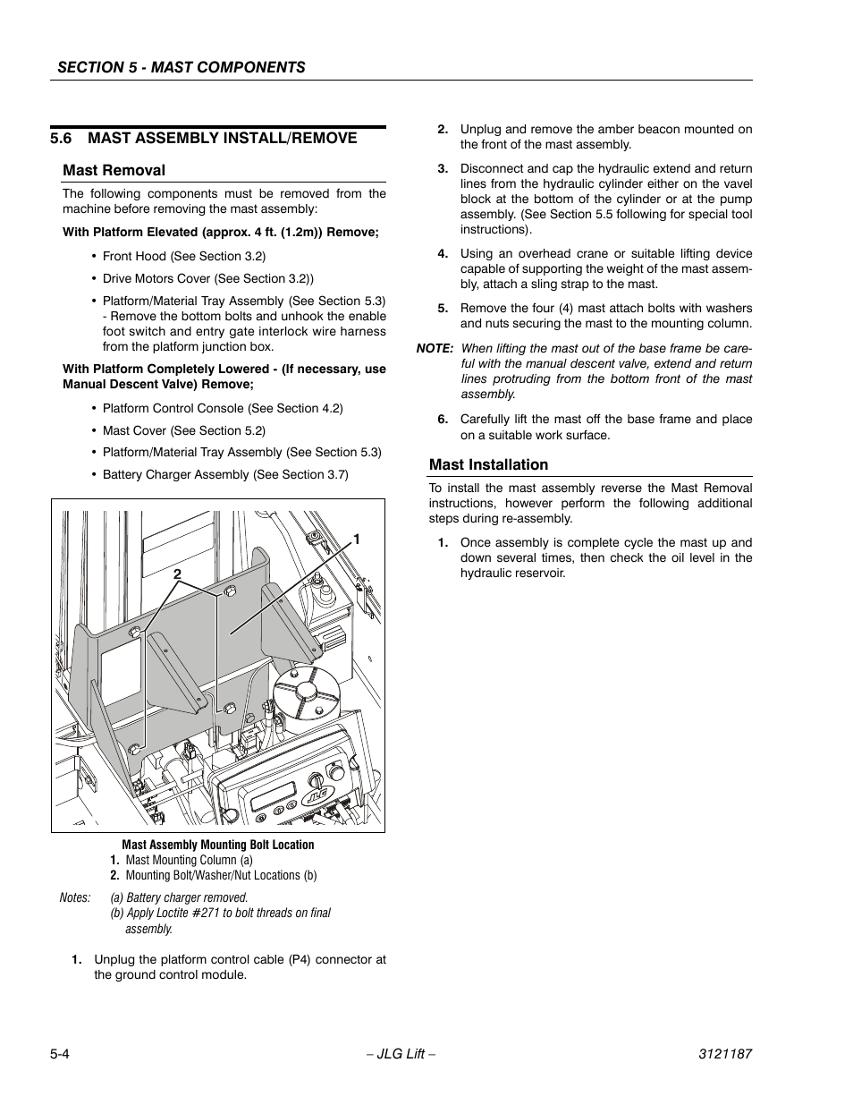 6 mast assembly install/remove, Mast removal, Mast installation | 6 mast assembly install/remove -4, Mast removal -4 mast installation -4 | JLG SSV10 Service Manual User Manual | Page 76 / 136