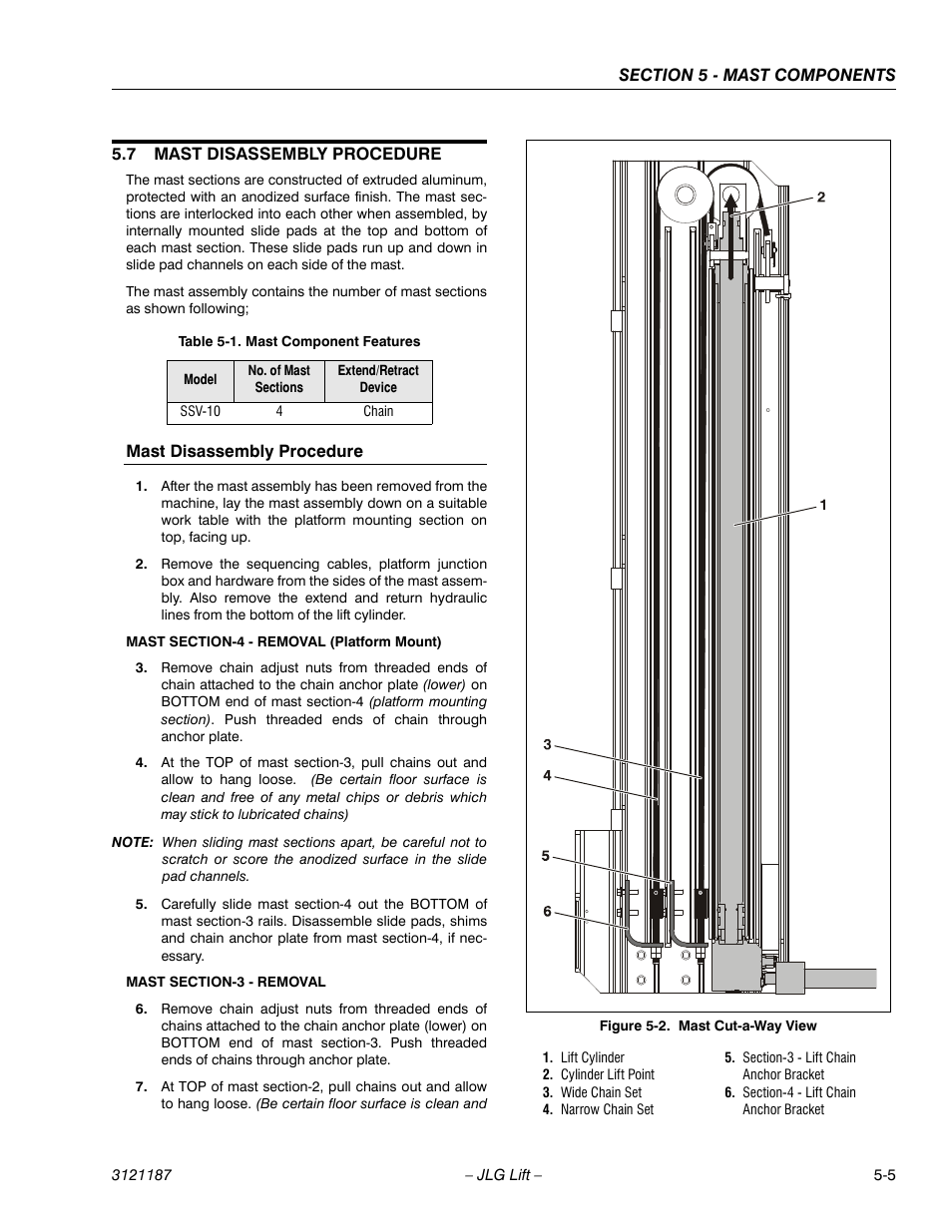 7 mast disassembly procedure, Mast disassembly procedure, 7 mast disassembly procedure -5 | Mast disassembly procedure -5, Mast cut-a-way view -5, Mast component features -5 | JLG SSV10 Service Manual User Manual | Page 77 / 136