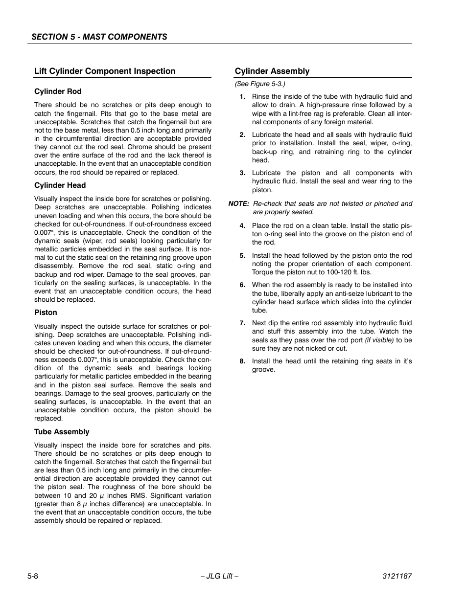 Lift cylinder component inspection, Cylinder assembly | JLG SSV10 Service Manual User Manual | Page 80 / 136