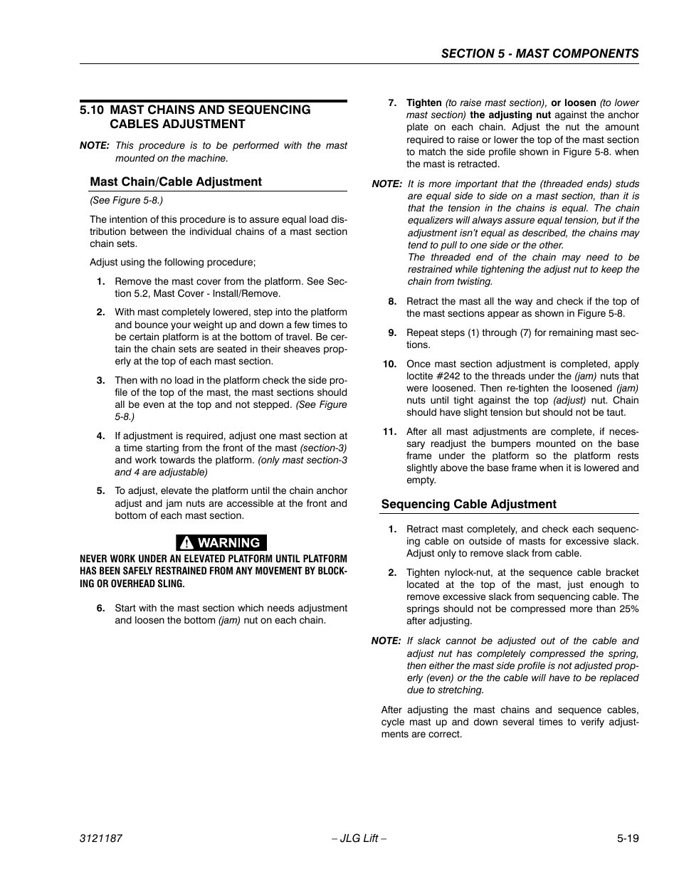 10 mast chains and sequencing cables adjustment, Mast chain/cable adjustment, Sequencing cable adjustment | JLG SSV10 Service Manual User Manual | Page 91 / 136