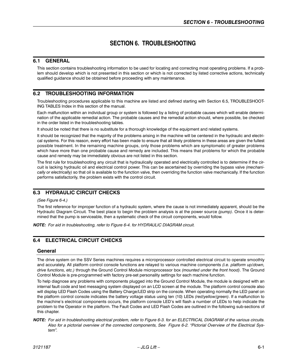 Section 6. troubleshooting, 1 general, 2 troubleshooting information | 3 hydraulic circuit checks, 4 electrical circuit checks, General, Section 6 - troubleshooting, General -1 | JLG SSV10 Service Manual User Manual | Page 93 / 136