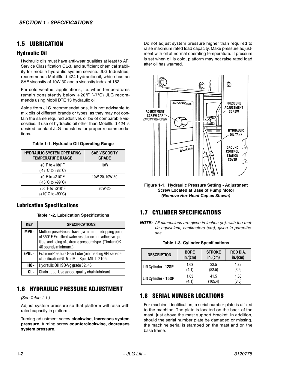 5 lubrication, Hydraulic oil, Lubrication specifications | 6 hydraulic pressure adjustment, 7 cylinder specifications, 8 serial number locations, Lubrication -2, Hydraulic oil -2 lubrication specifications -2, Hydraulic pressure adjustment -2, Cylinder specifications -2 | JLG 15SP Service Manual User Manual | Page 12 / 62