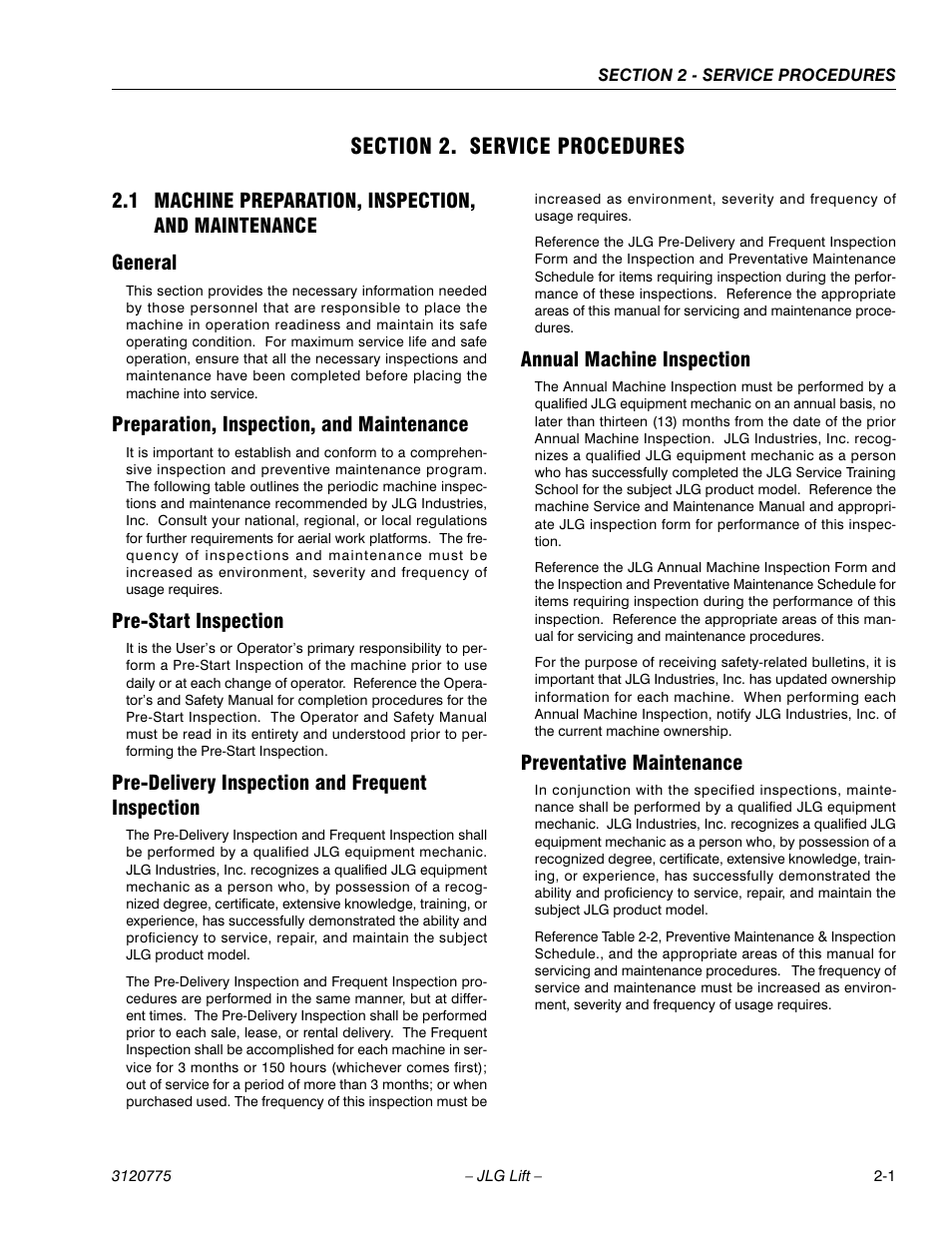 Section 2. service procedures, 1 machine preparation, inspection, and maintenance, General | Preparation, inspection, and maintenance, Pre-start inspection, Pre-delivery inspection and frequent inspection, Annual machine inspection, Preventative maintenance, Section 2 - service procedures | JLG 15SP Service Manual User Manual | Page 15 / 62