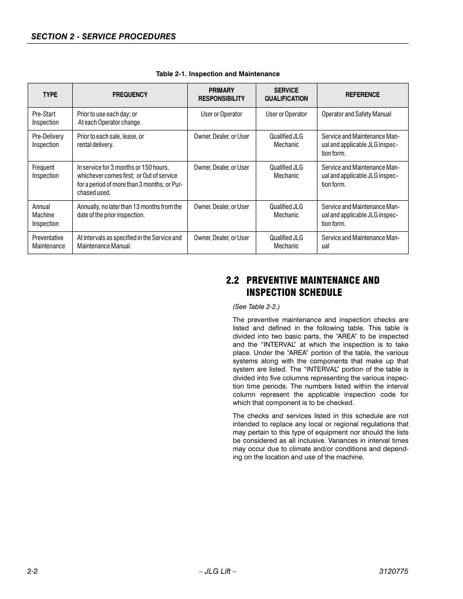 2 preventive maintenance and inspection schedule, Preventive maintenance and inspection schedule -2, Inspection and maintenance -2 | JLG 15SP Service Manual User Manual | Page 16 / 62