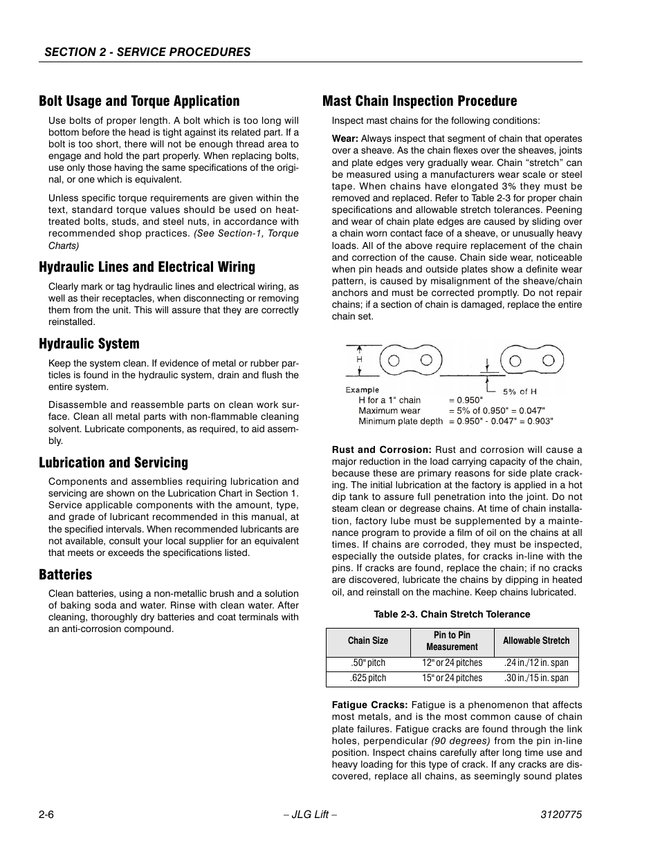 Bolt usage and torque application, Hydraulic lines and electrical wiring, Hydraulic system | Lubrication and servicing, Batteries, Mast chain inspection procedure, Chain stretch tolerance -5 | JLG 15SP Service Manual User Manual | Page 20 / 62