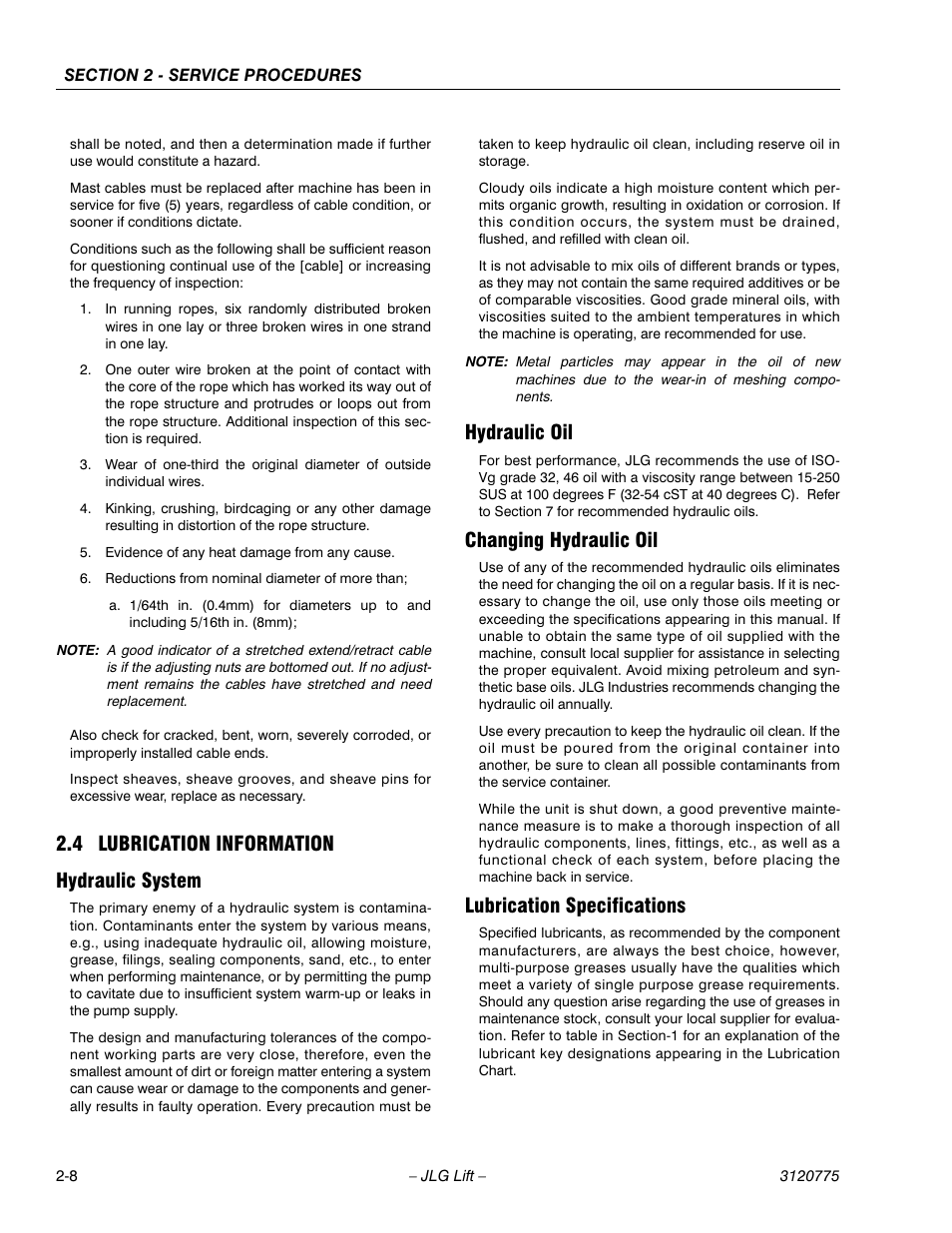 4 lubrication information, Hydraulic system, Hydraulic oil | Changing hydraulic oil, Lubrication specifications, Lubrication information -7, 4 lubrication information hydraulic system | JLG 15SP Service Manual User Manual | Page 22 / 62