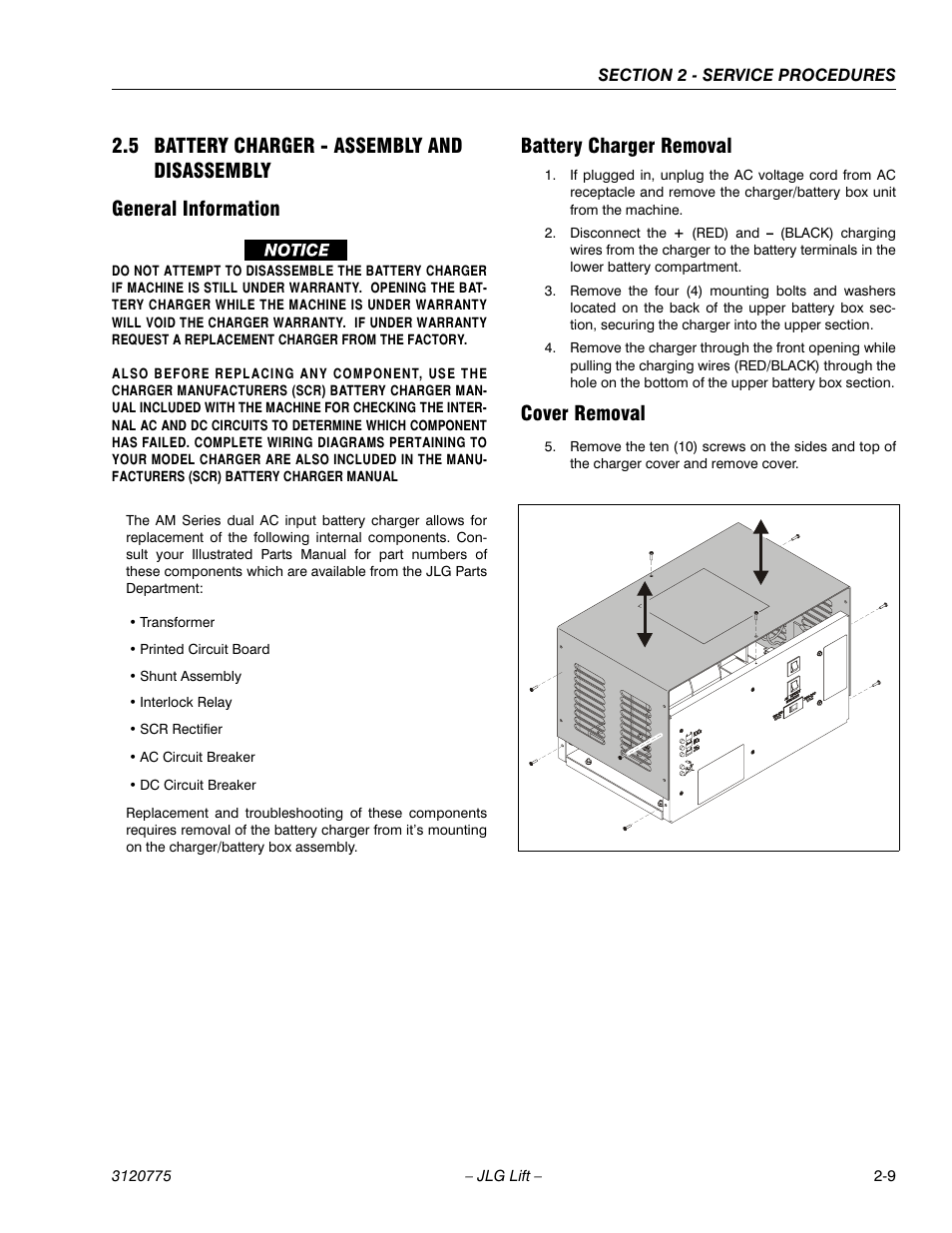 5 battery charger - assembly and disassembly, General information, Battery charger removal | Cover removal, Battery charger - assembly and disassembly -8 | JLG 15SP Service Manual User Manual | Page 23 / 62