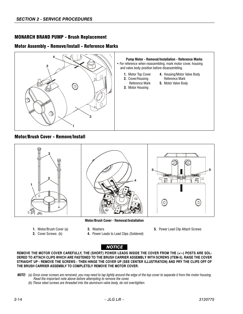 Monarch brand pump - brush replacement, Motor assembly - remove/install - reference marks, Motor/brush cover - remove/install | JLG 15SP Service Manual User Manual | Page 28 / 62