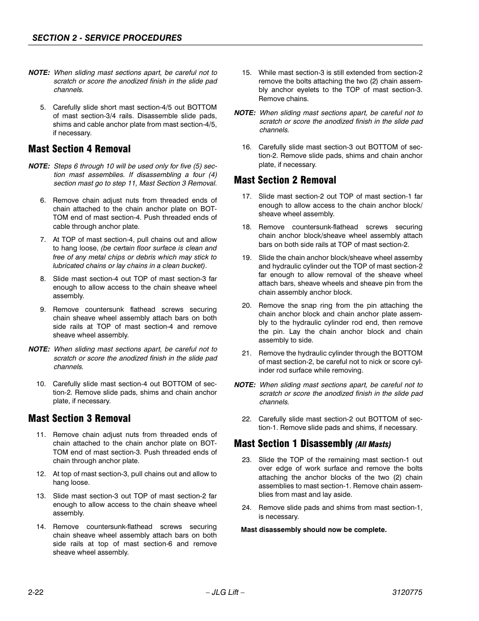 Mast section 4 removal, Mast section 3 removal, Mast section 2 removal | Mast section 1 disassembly (all masts) | JLG 15SP Service Manual User Manual | Page 36 / 62