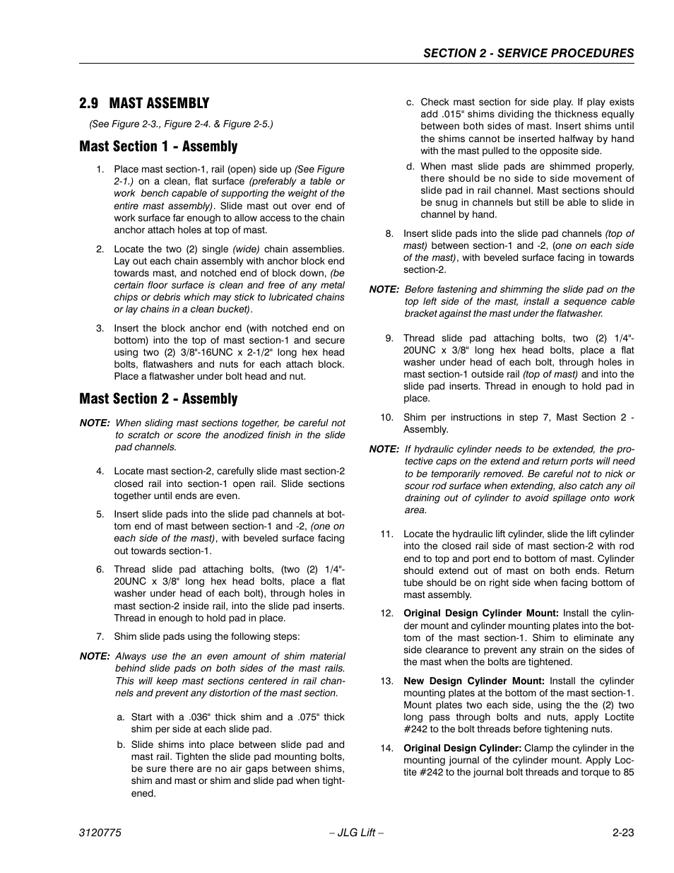 9 mast assembly, Mast section 1 - assembly, Mast section 2 - assembly | Mast assembly -22 | JLG 15SP Service Manual User Manual | Page 37 / 62