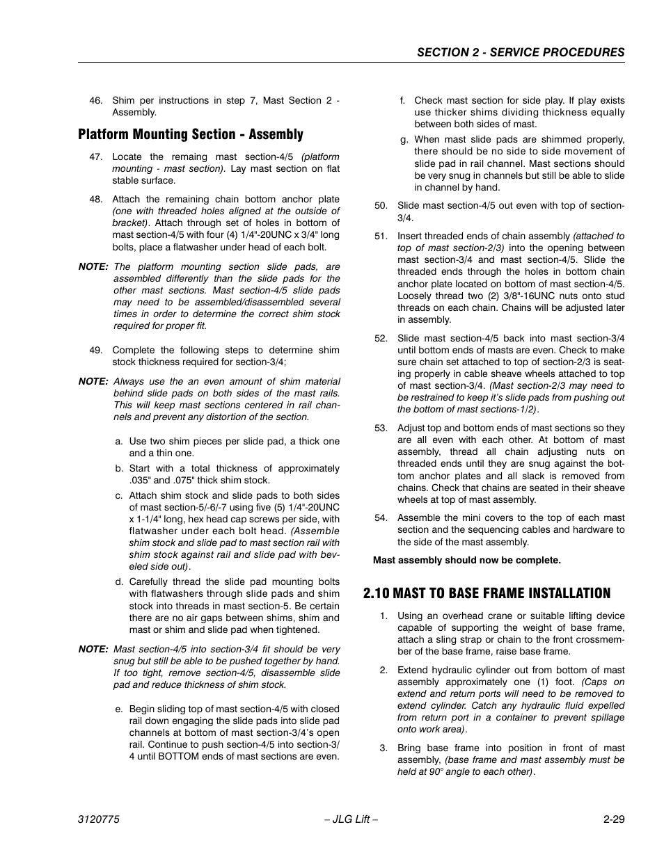 Platform mounting section - assembly, 10 mast to base frame installation, Platform mounting section - assembly -28 | Mast to base frame installation -28 | JLG 15SP Service Manual User Manual | Page 43 / 62