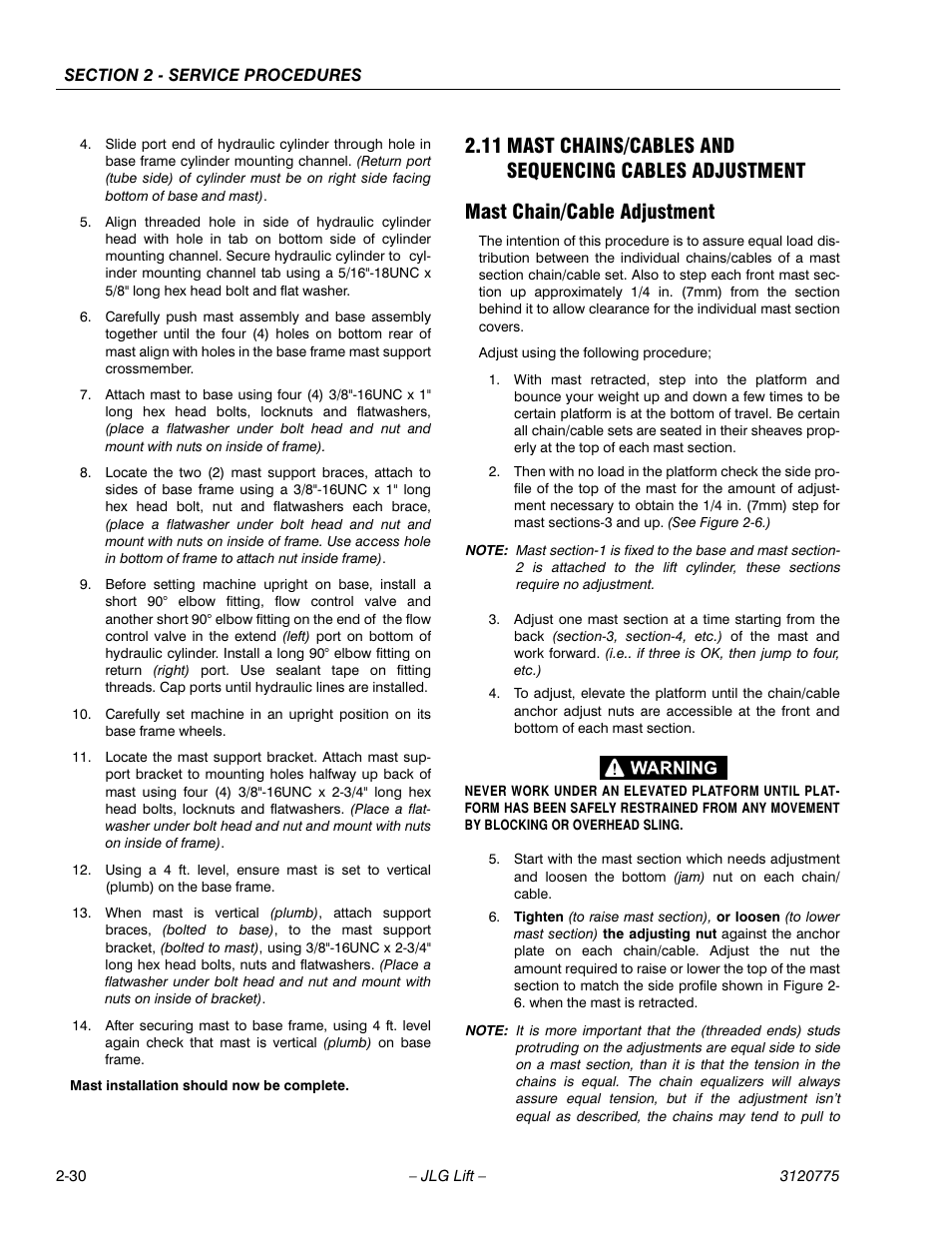 Mast chain/cable adjustment, Mast chain/cable adjustment -29 | JLG 15SP Service Manual User Manual | Page 44 / 62