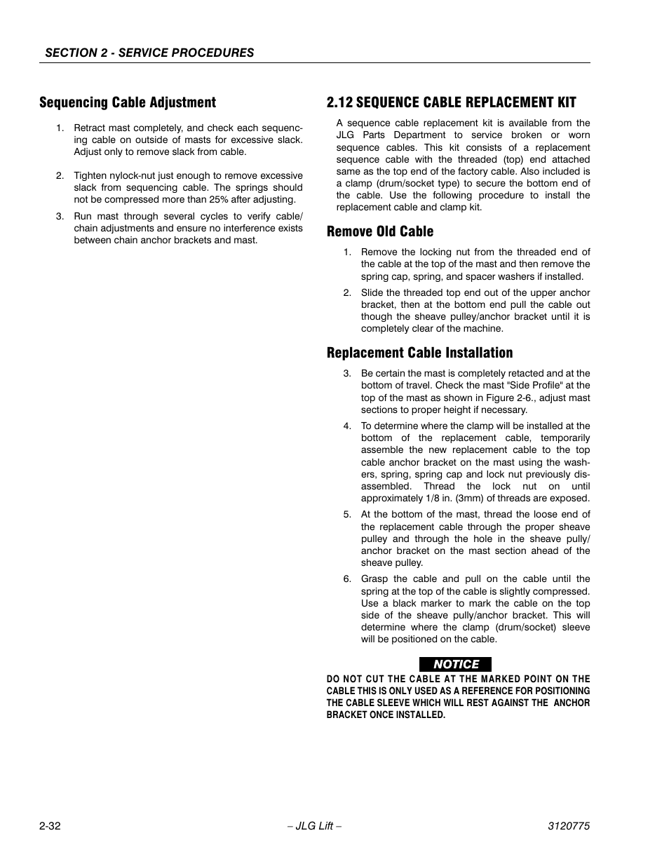 Sequencing cable adjustment, 12 sequence cable replacement kit, Remove old cable | Replacement cable installation, Sequencing cable adjustment -31, Sequence cable replacement kit -31 | JLG 15SP Service Manual User Manual | Page 46 / 62