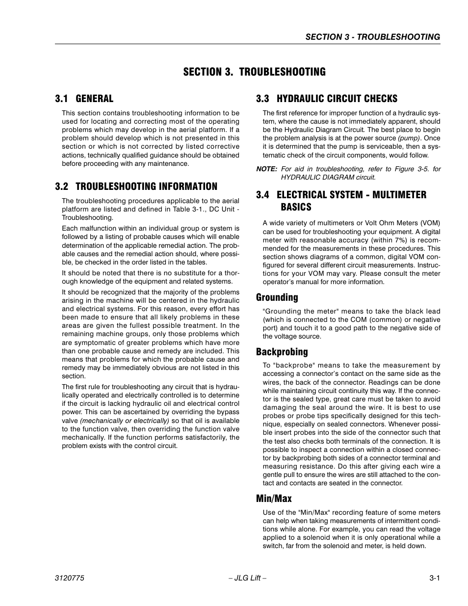 Section 3. troubleshooting, 1 general, 2 troubleshooting information | 3 hydraulic circuit checks, 4 electrical system - multimeter basics, Grounding, Backprobing, Min/max, Section 3 - troubleshooting, General -1 | JLG 15SP Service Manual User Manual | Page 49 / 62