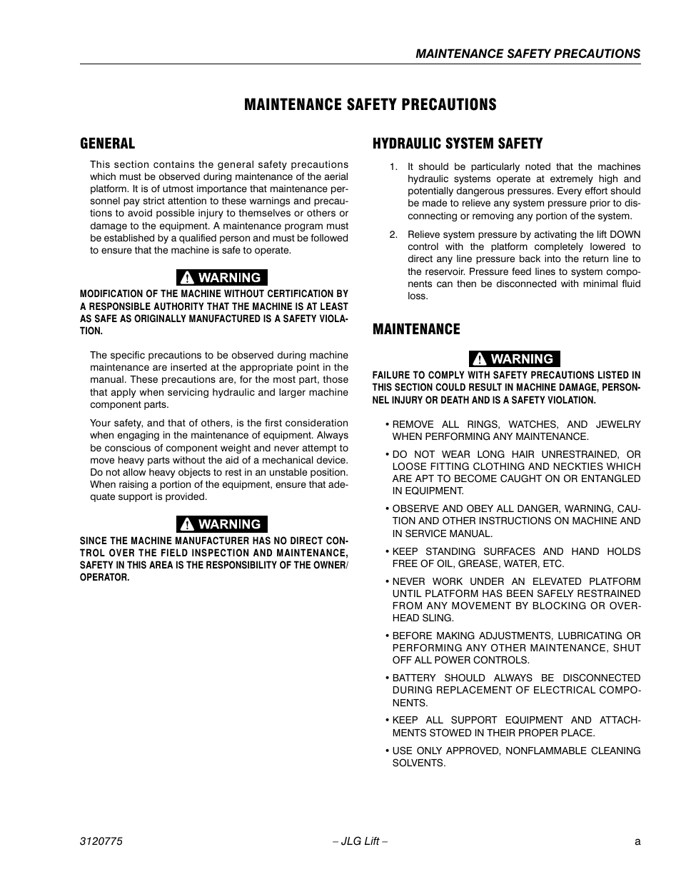 Maintenance safety precautions, General, Hydraulic system safety | Maintenance | JLG 15SP Service Manual User Manual | Page 5 / 62