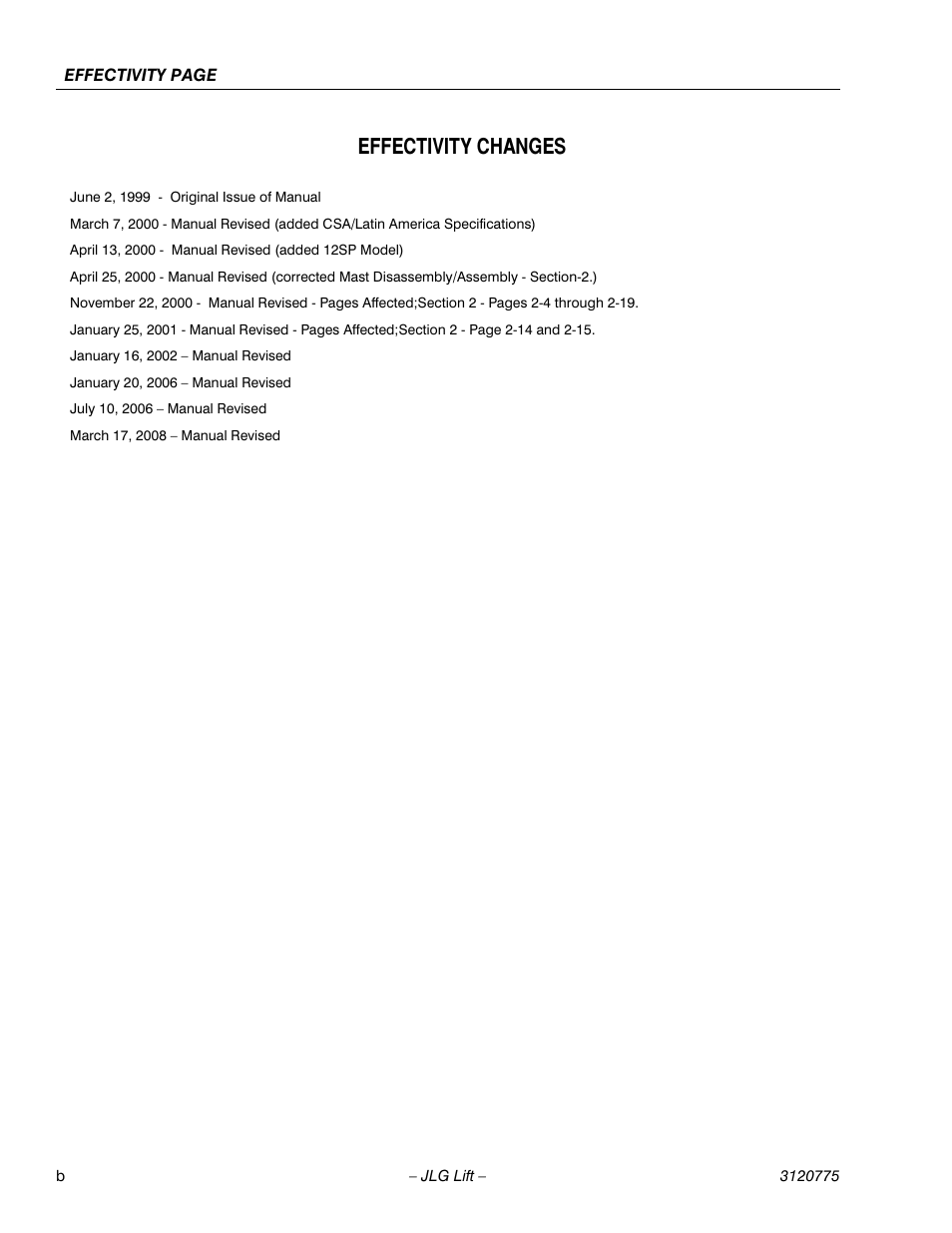 Effectivity changes | JLG 15SP Service Manual User Manual | Page 6 / 62
