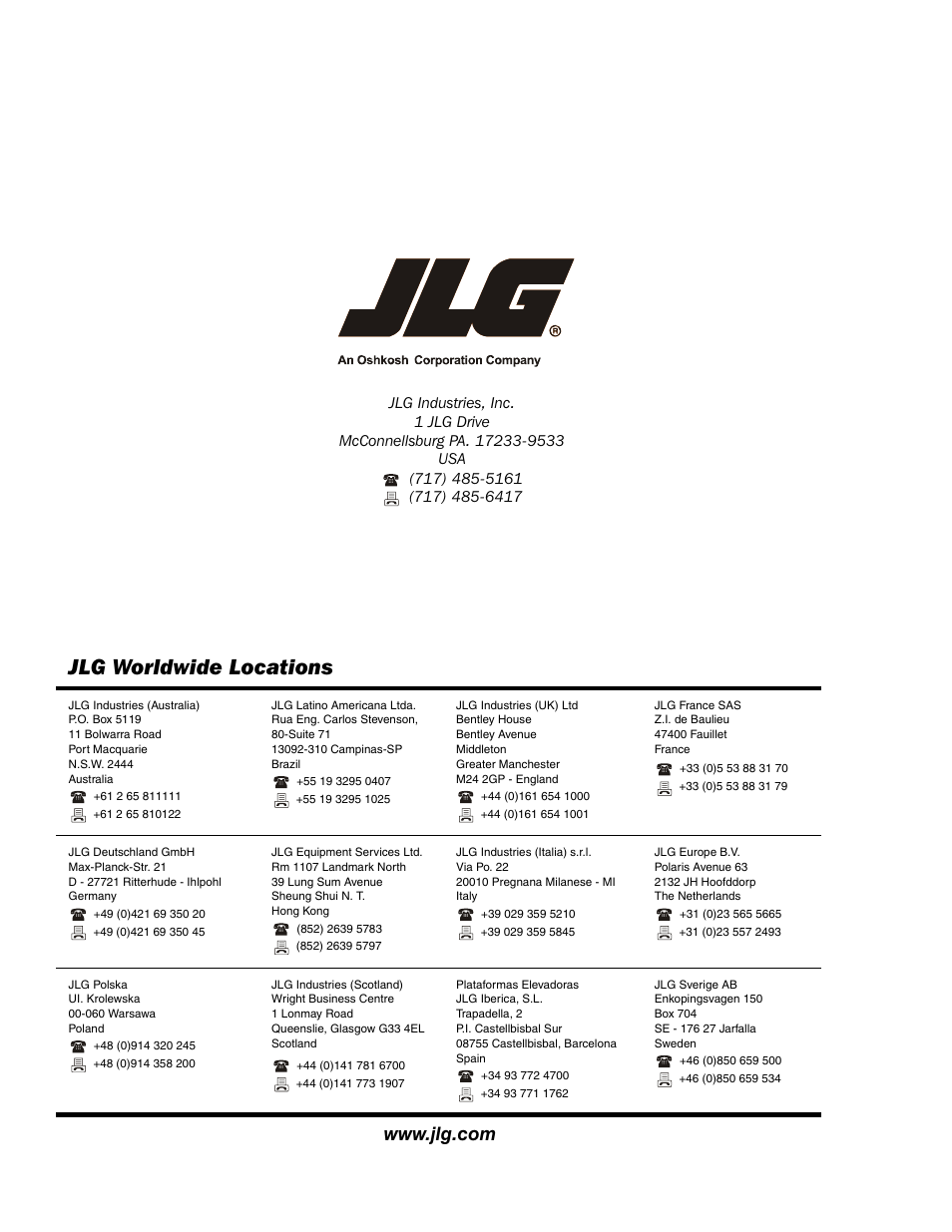 Jlg worldwide locations | JLG 15SP Service Manual User Manual | Page 62 / 62