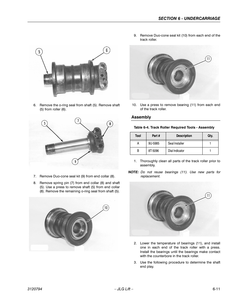 Assembly, Assembly -11, Track roller required tools - assembly -11 | JLG 600SC_660SJC ANSI Service Manual User Manual | Page 115 / 184