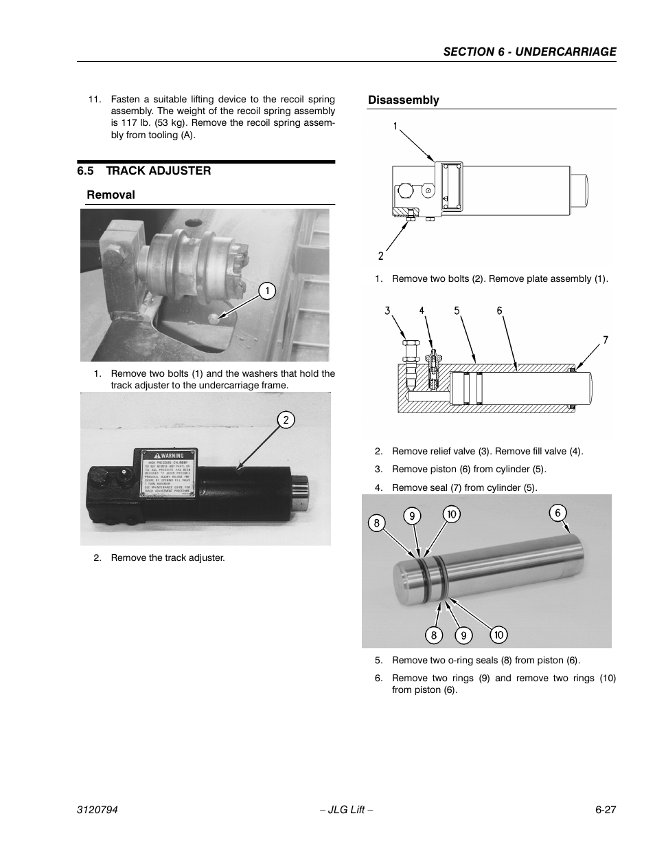 5 track adjuster, Removal, Disassembly | Track adjuster -27, Removal -27 disassembly -27 | JLG 600SC_660SJC ANSI Service Manual User Manual | Page 131 / 184