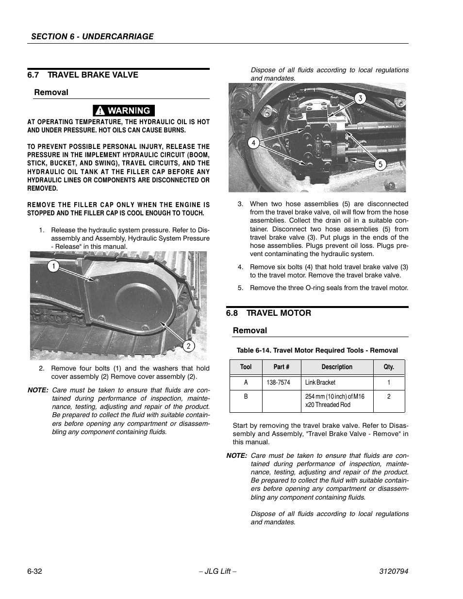 7 travel brake valve, Removal, 8 travel motor | Travel brake valve -32, Removal -32, Travel motor -32, Travel motor required tools - removal -32 | JLG 600SC_660SJC ANSI Service Manual User Manual | Page 136 / 184