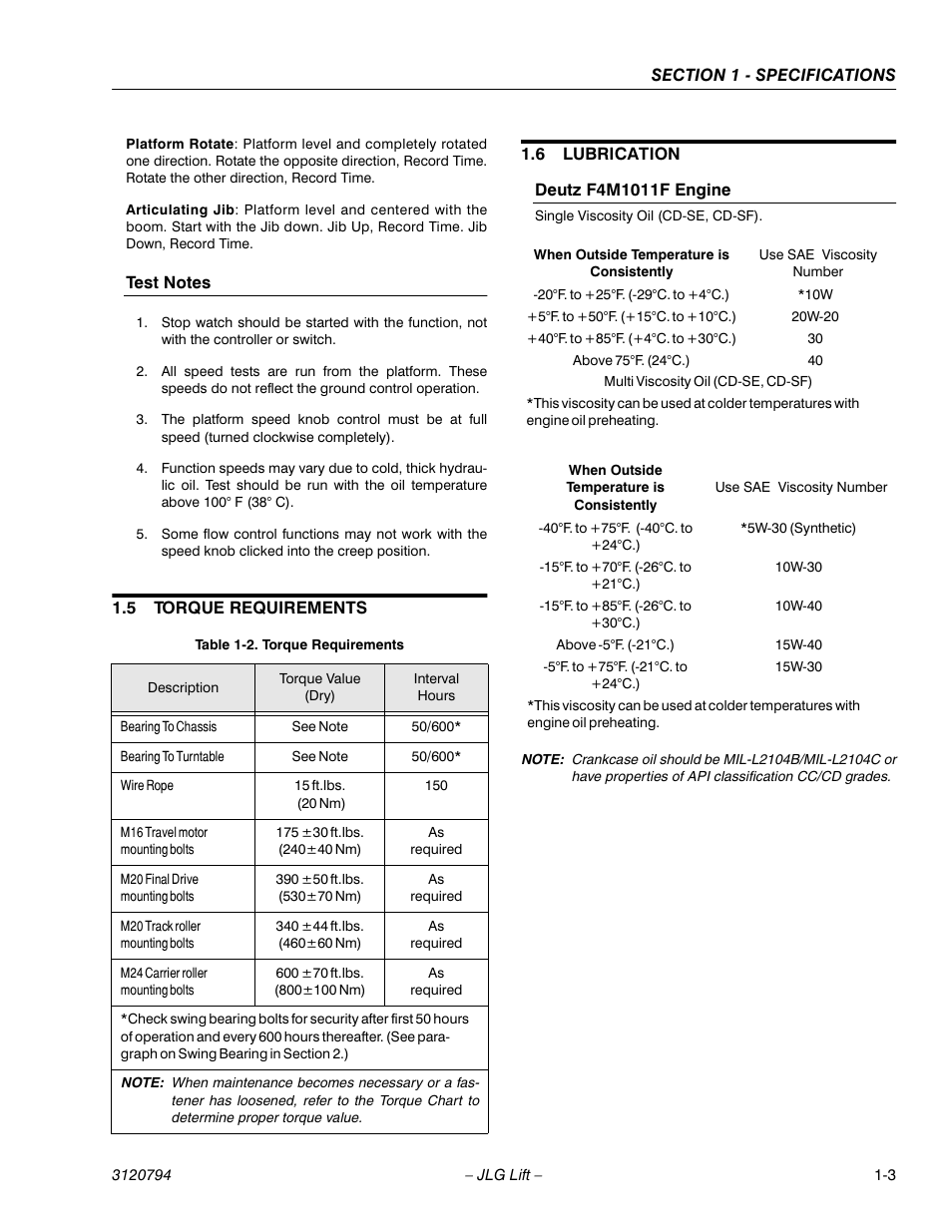 Test notes, 5 torque requirements, 6 lubrication | Deutz f4m1011f engine, Test notes -3, Torque requirements -3, Lubrication -3, Deutz f4m1011f engine -3 | JLG 600SC_660SJC ANSI Service Manual User Manual | Page 15 / 184