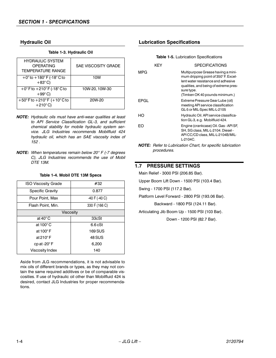 Hydraulic oil, Lubrication specifications, 7 pressure settings | Hydraulic oil -4 lubrication specifications -4, Pressure settings -4, Hydraulic oil -4, Mobil dte 13m specs -4, Lubrication specifications -4 | JLG 600SC_660SJC ANSI Service Manual User Manual | Page 16 / 184