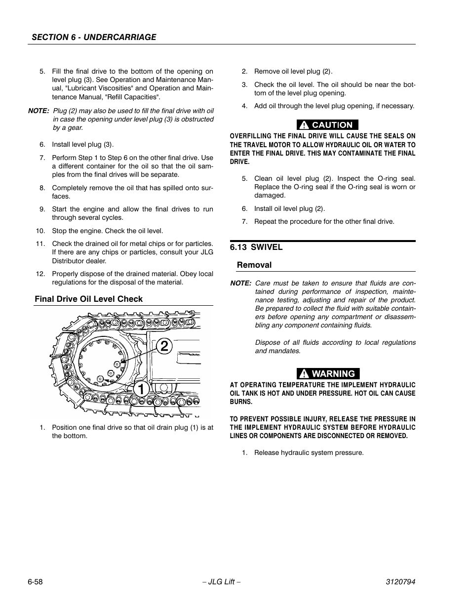 Final drive oil level check, 13 swivel, Removal | Final drive oil level check -58, Swivel -58, Removal -58 | JLG 600SC_660SJC ANSI Service Manual User Manual | Page 162 / 184