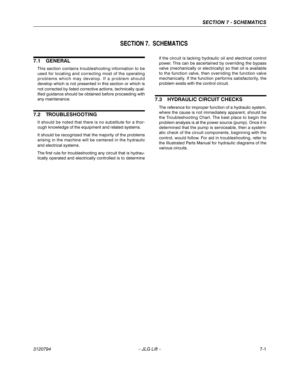 Section 7. schematics, 1 general, 2 troubleshooting | 3 hydraulic circuit checks, Section 7 - schematics, General -1, Troubleshooting -1, Hydraulic circuit checks -1 | JLG 600SC_660SJC ANSI Service Manual User Manual | Page 169 / 184