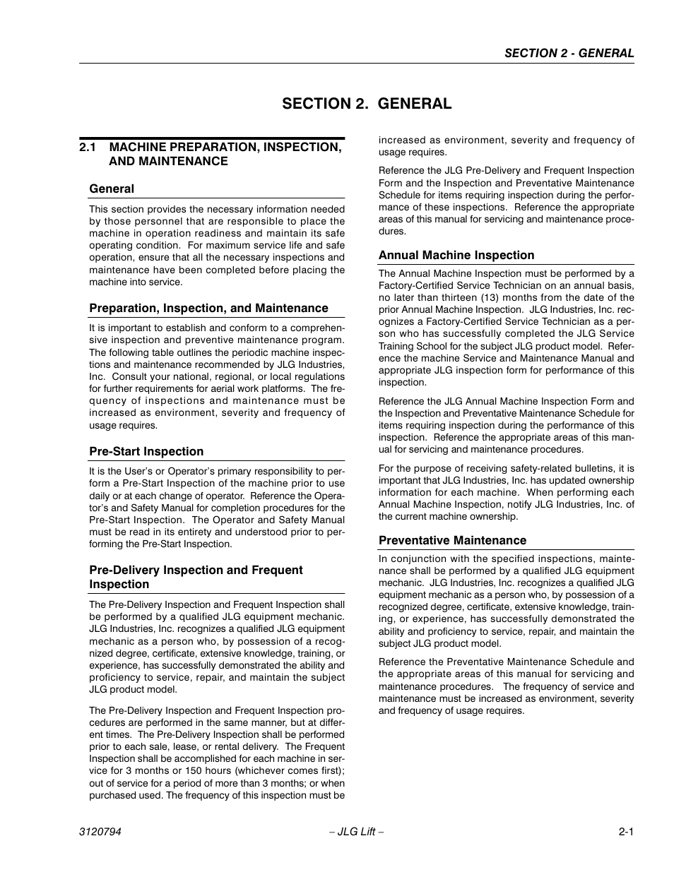 Section 2. general, 1 machine preparation, inspection, and maintenance, General | Preparation, inspection, and maintenance, Pre-start inspection, Pre-delivery inspection and frequent inspection, Annual machine inspection, Preventative maintenance, Section 2 - general | JLG 600SC_660SJC ANSI Service Manual User Manual | Page 23 / 184