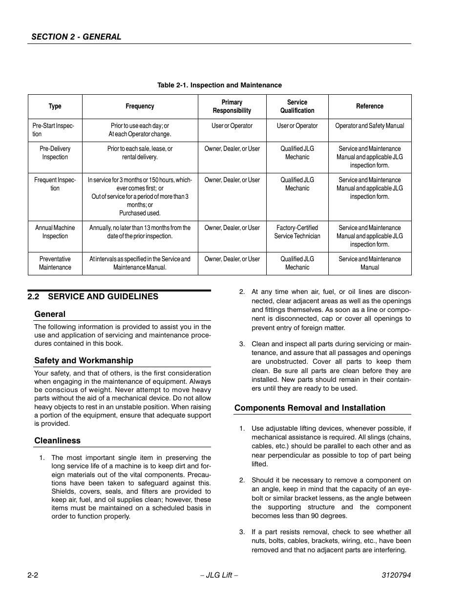 2 service and guidelines, General, Safety and workmanship | Cleanliness, Components removal and installation, Service and guidelines -2, Inspection and maintenance -2 | JLG 600SC_660SJC ANSI Service Manual User Manual | Page 24 / 184