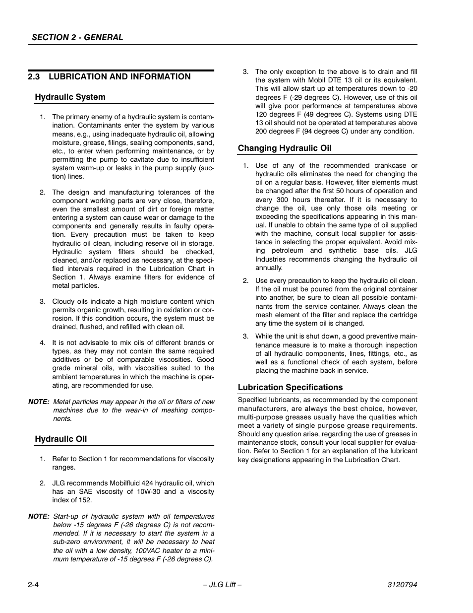 3 lubrication and information, Hydraulic system, Hydraulic oil | Changing hydraulic oil, Lubrication specifications, Lubrication and information -4 | JLG 600SC_660SJC ANSI Service Manual User Manual | Page 26 / 184