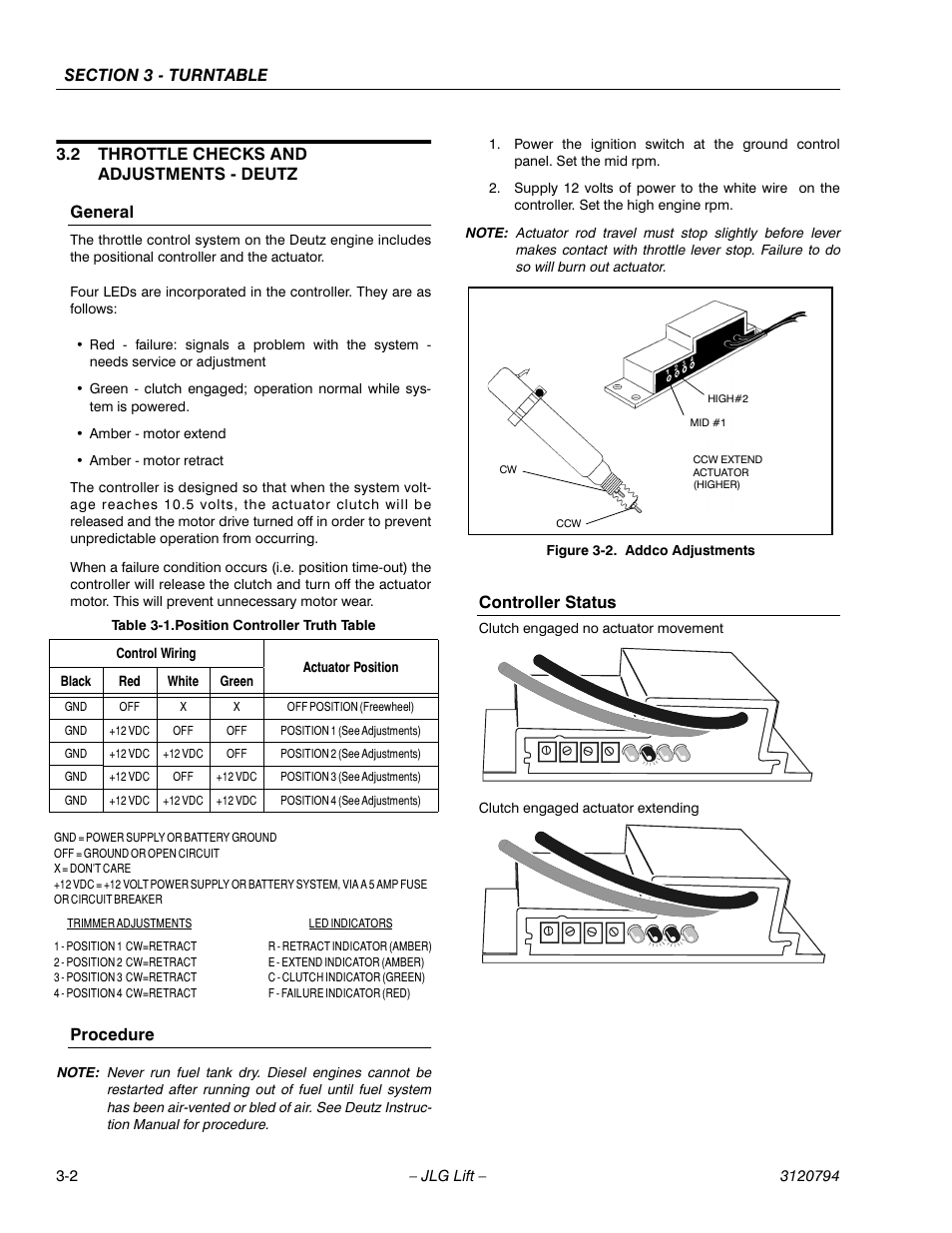 2 throttle checks and adjustments - deutz, General, Procedure | Controller status, Throttle checks and adjustments - deutz -2, General -2 procedure -2 controller status -2, Addco adjustments -2, Position controller truth table -2, 2 throttle checks and adjustments - deutz general | JLG 600SC_660SJC ANSI Service Manual User Manual | Page 32 / 184