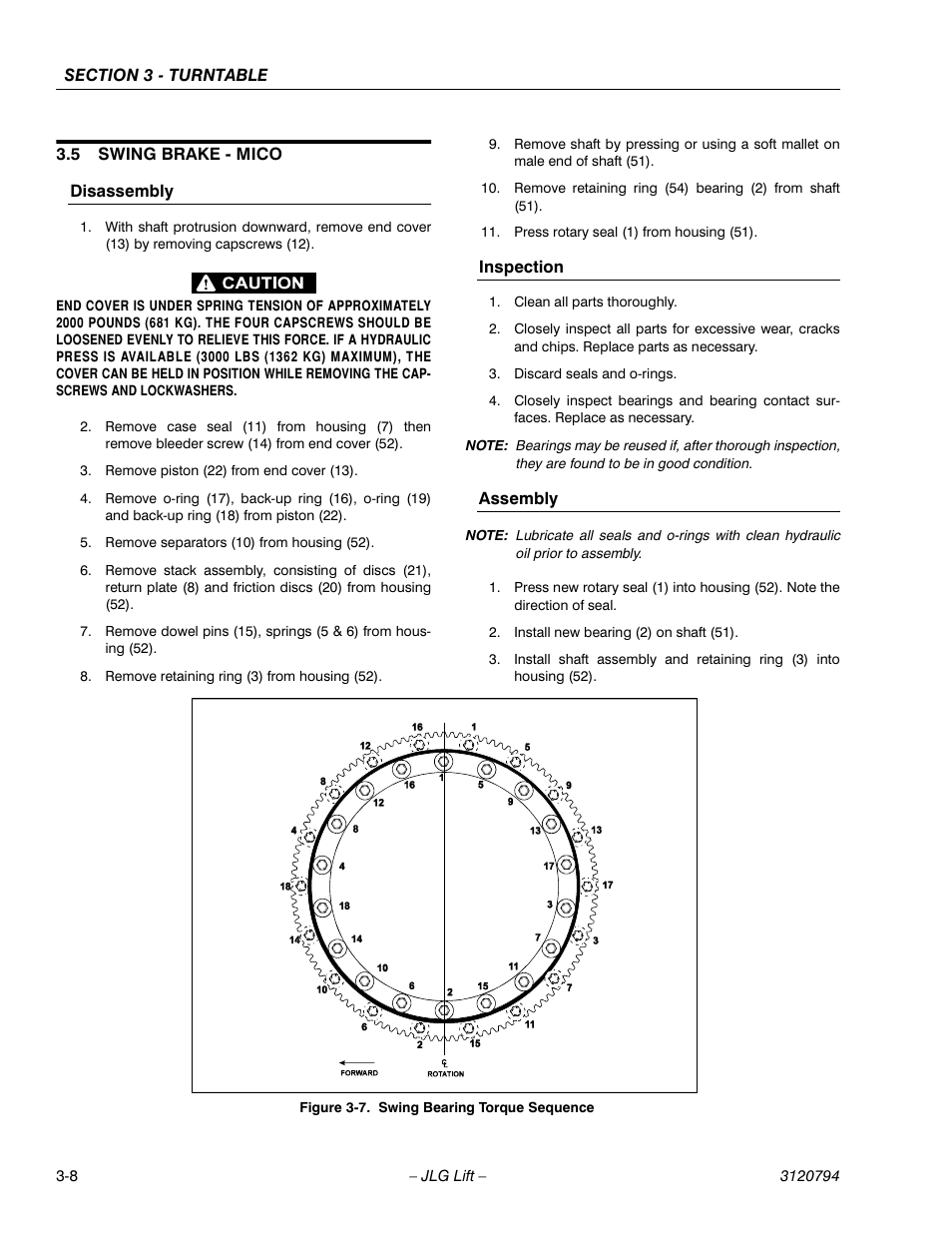 5 swing brake - mico, Disassembly, Inspection | Assembly, Swing brake - mico -8, Disassembly -8 inspection -8 assembly -8, Swing bearing torque sequence -8 | JLG 600SC_660SJC ANSI Service Manual User Manual | Page 38 / 184