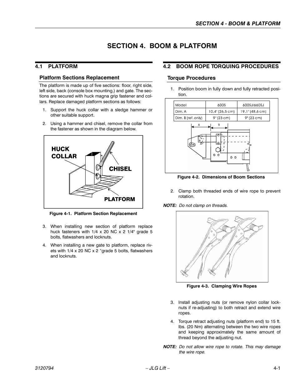 Section 4. boom & platform, 1 platform, Platform sections replacement | 2 boom rope torquing procedures, Torque procedures, Section 4 - boom & platform, Platform -1, Platform sections replacement -1, Boom rope torquing procedures -1, Torque procedures -1 | JLG 600SC_660SJC ANSI Service Manual User Manual | Page 41 / 184