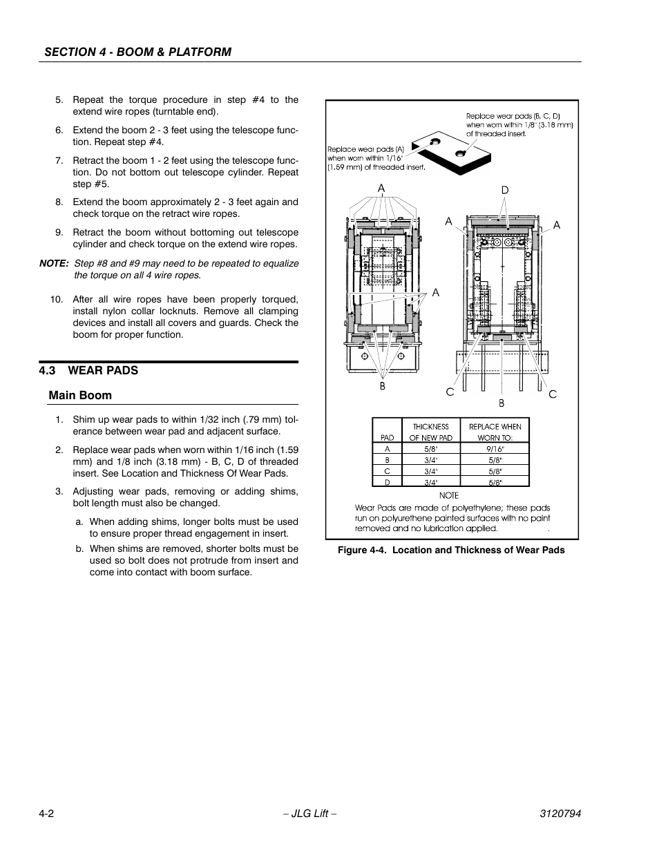 3 wear pads, Main boom, Wear pads -2 | Main boom -2, Location and thickness of wear pads -2 | JLG 600SC_660SJC ANSI Service Manual User Manual | Page 42 / 184