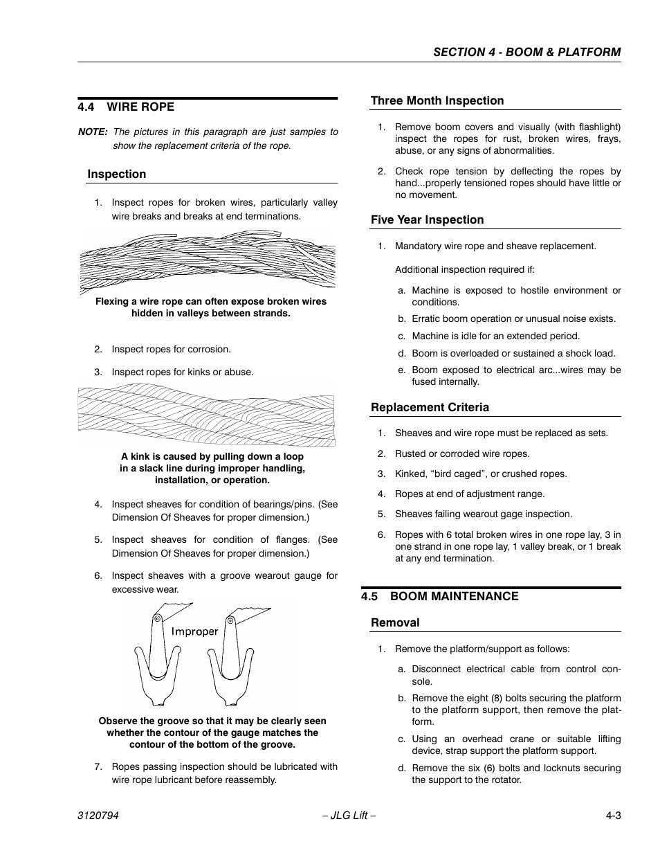 4 wire rope, Inspection, Three month inspection | Five year inspection, Replacement criteria, 5 boom maintenance, Removal, Wire rope -3, Boom maintenance -3, Removal -3 | JLG 600SC_660SJC ANSI Service Manual User Manual | Page 43 / 184