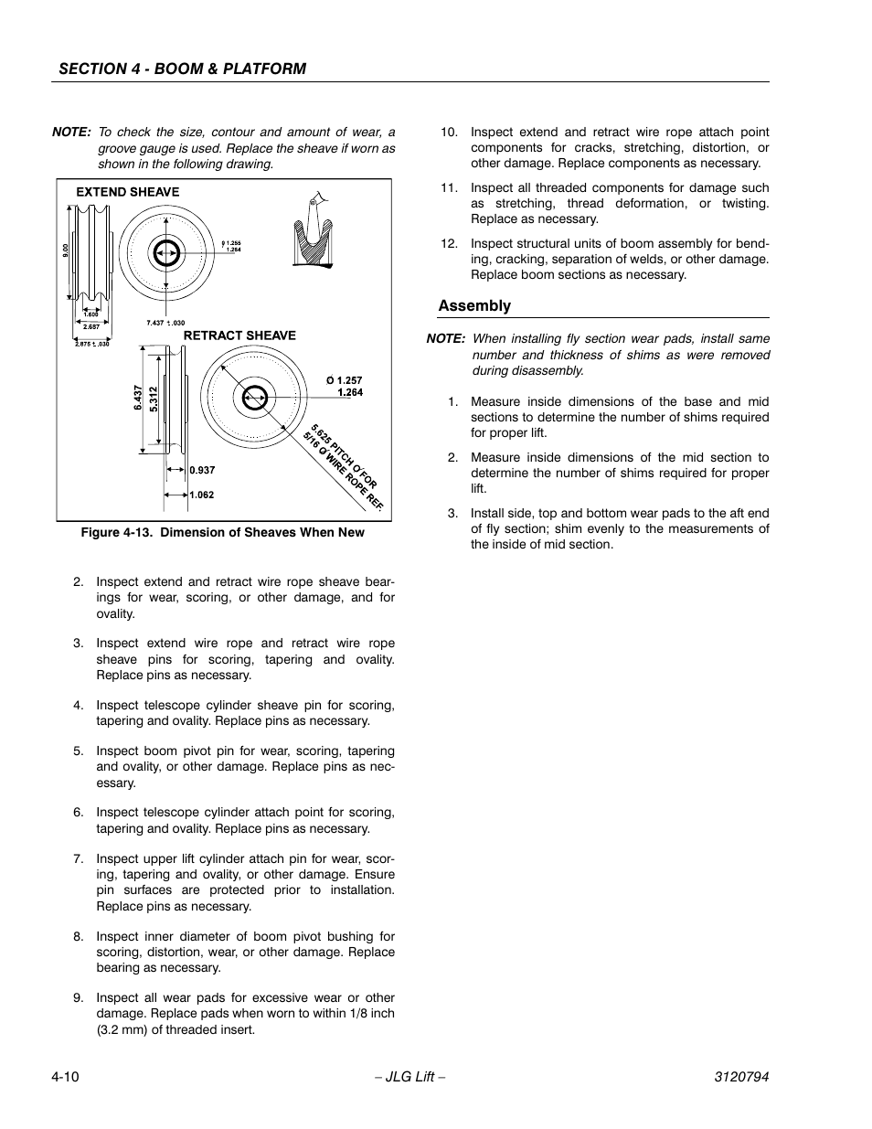 Assembly, Assembly -10, Dimension of sheaves when new -10 | JLG 600SC_660SJC ANSI Service Manual User Manual | Page 50 / 184