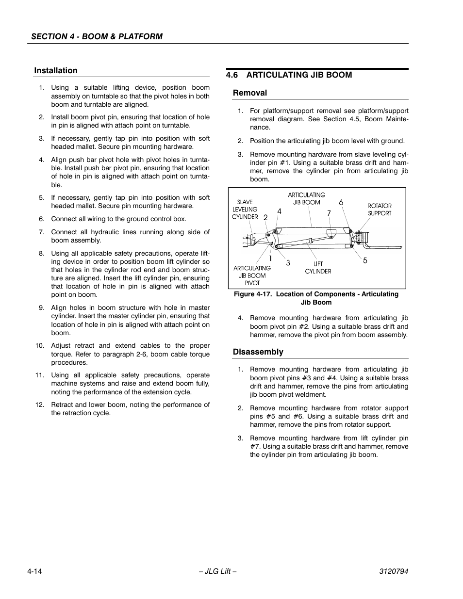 Installation, 6 articulating jib boom, Removal | Disassembly, Installation -14, Articulating jib boom -14, Removal -14 disassembly -14, Location of components - articulating jib boom -14 | JLG 600SC_660SJC ANSI Service Manual User Manual | Page 54 / 184