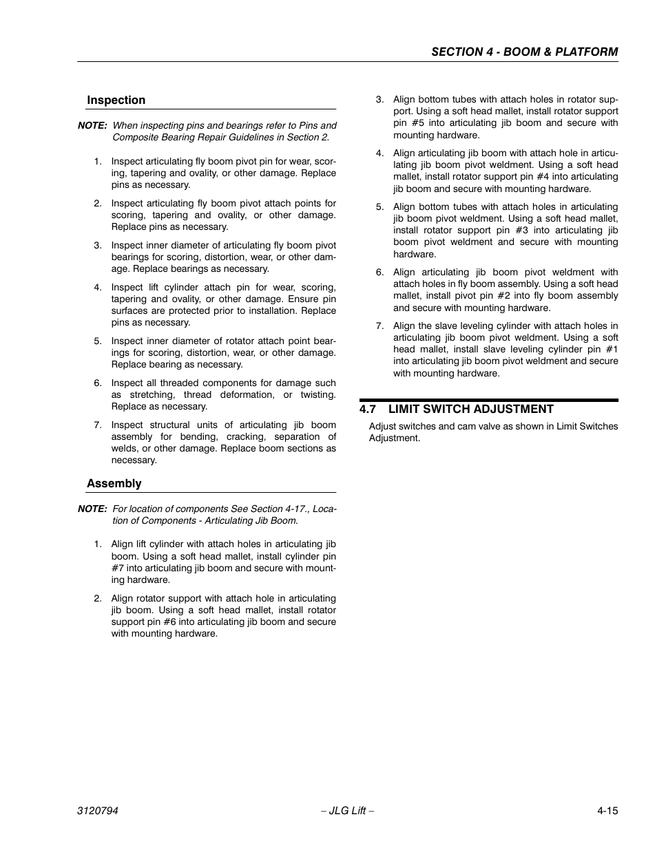 Inspection, Assembly, 7 limit switch adjustment | Inspection -15 assembly -15, Limit switch adjustment -15 | JLG 600SC_660SJC ANSI Service Manual User Manual | Page 55 / 184