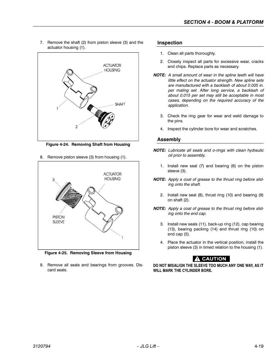 Inspection, Assembly, Inspection -19 assembly -19 | Removing shaft from housing -19, Removing sleeve from housing -19 | JLG 600SC_660SJC ANSI Service Manual User Manual | Page 59 / 184