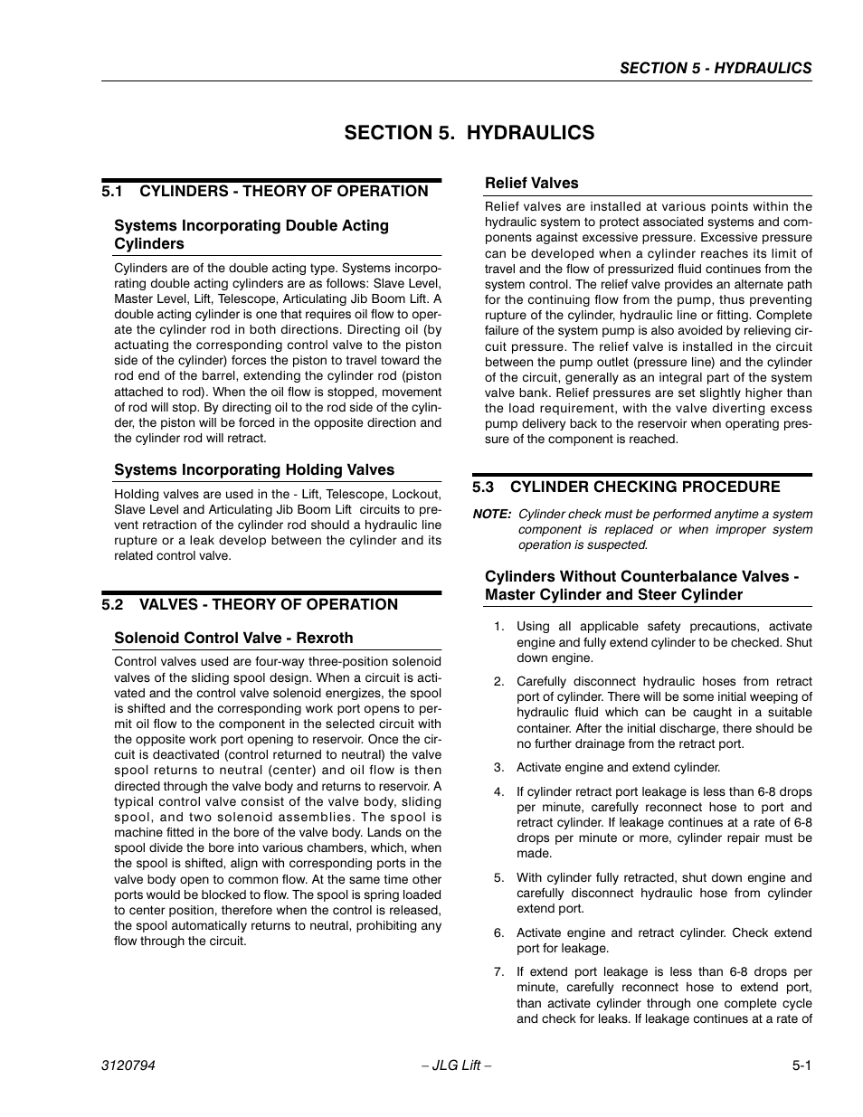 Section 5. hydraulics, 1 cylinders - theory of operation, Systems incorporating double acting cylinders | Systems incorporating holding valves, 2 valves - theory of operation, Solenoid control valve - rexroth, Relief valves, 3 cylinder checking procedure, Section 5 - hydraulics, Cylinders - theory of operation -1 | JLG 600SC_660SJC ANSI Service Manual User Manual | Page 87 / 184