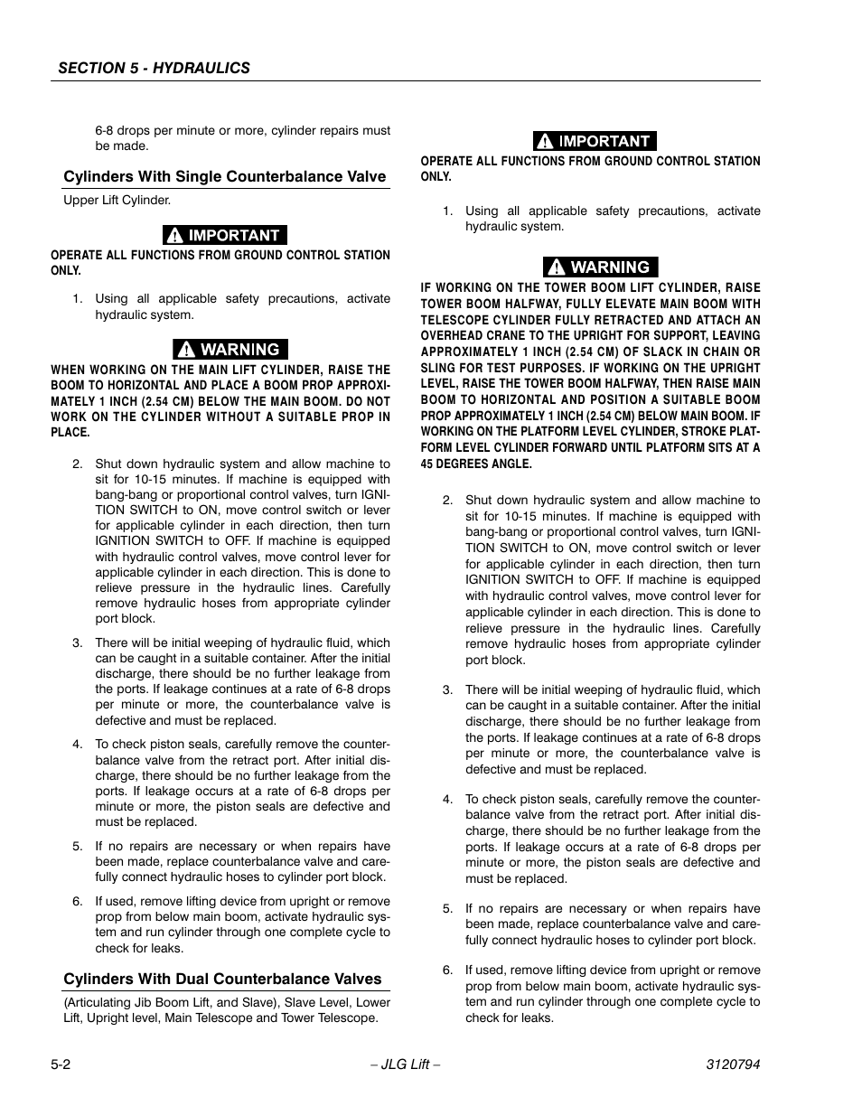 Cylinders with single counterbalance valve, Cylinders with dual counterbalance valves | JLG 600SC_660SJC ANSI Service Manual User Manual | Page 88 / 184